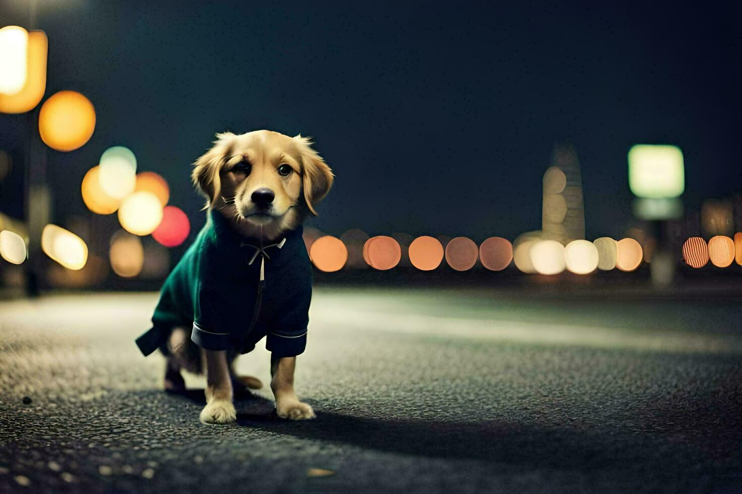 een hond vervelend een jas staand Aan de straat Bij nacht. ai-gegenereerd foto