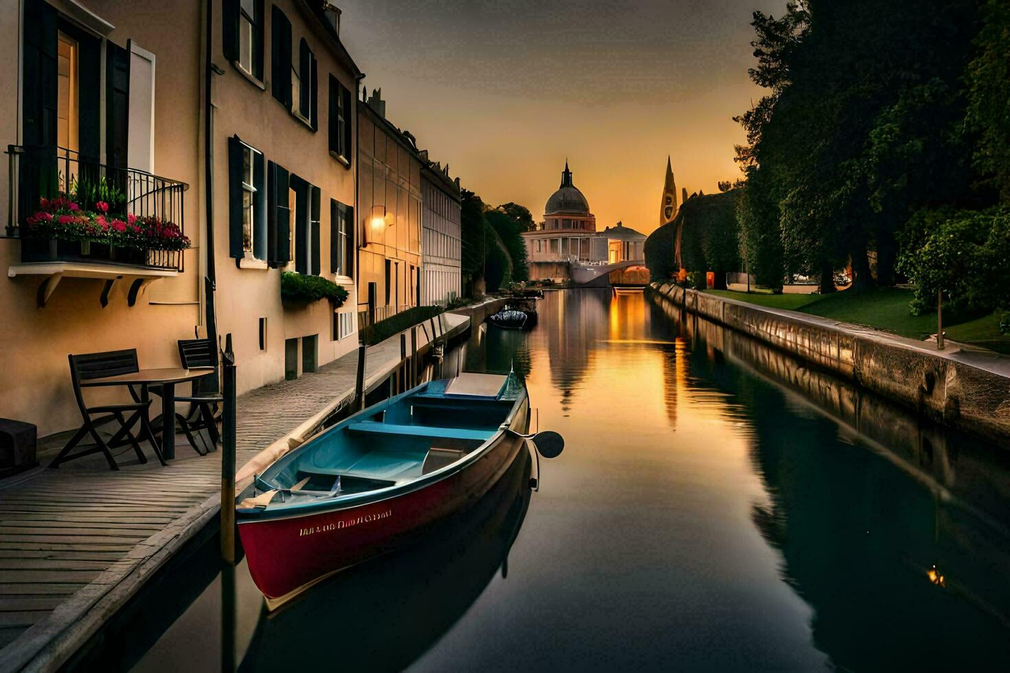 een boot zit Aan de kant van een kanaal Bij zonsondergang. ai-gegenereerd foto