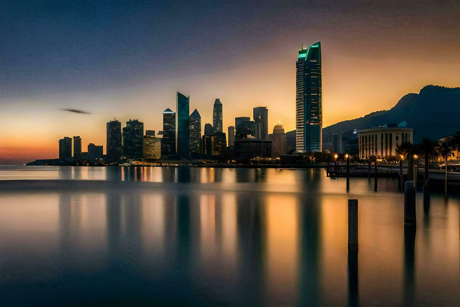 de stad horizon Bij zonsondergang in Singapore. ai-gegenereerd foto