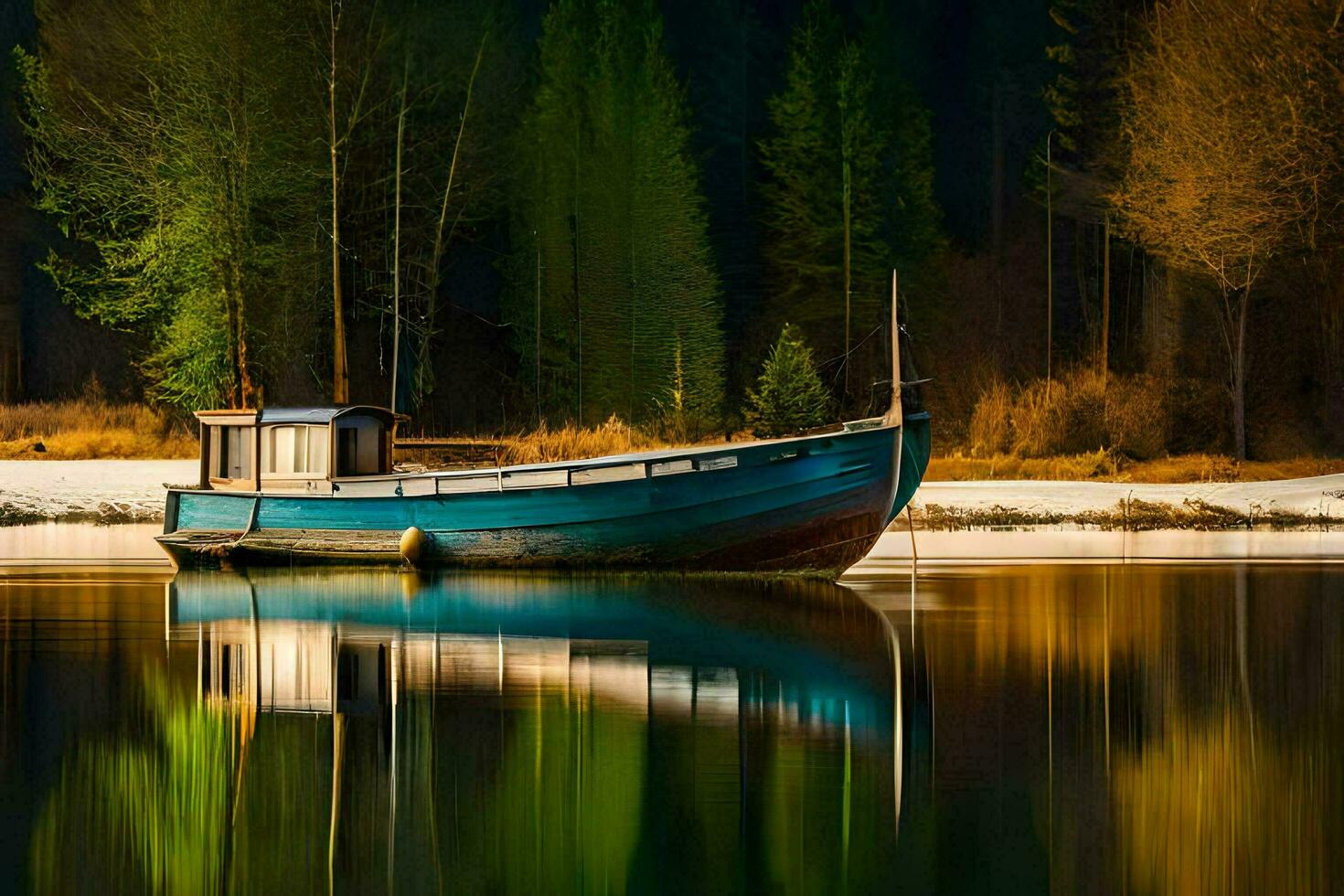 een boot zit Aan de water in voorkant van een Woud. ai-gegenereerd foto