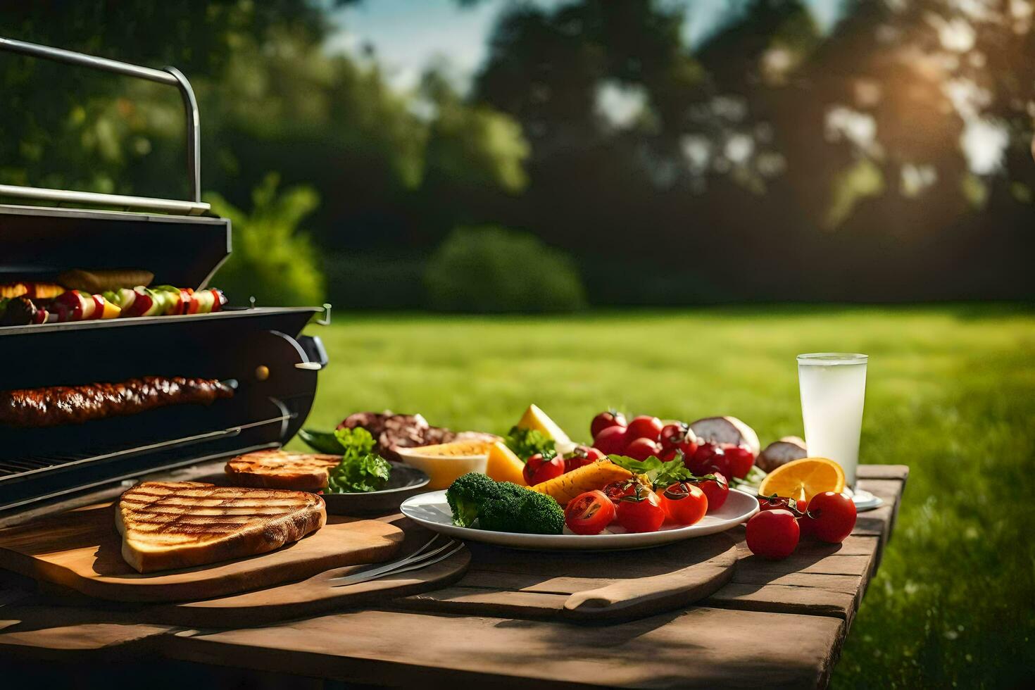 een barbecue rooster met voedsel Aan het in de gras. ai-gegenereerd foto