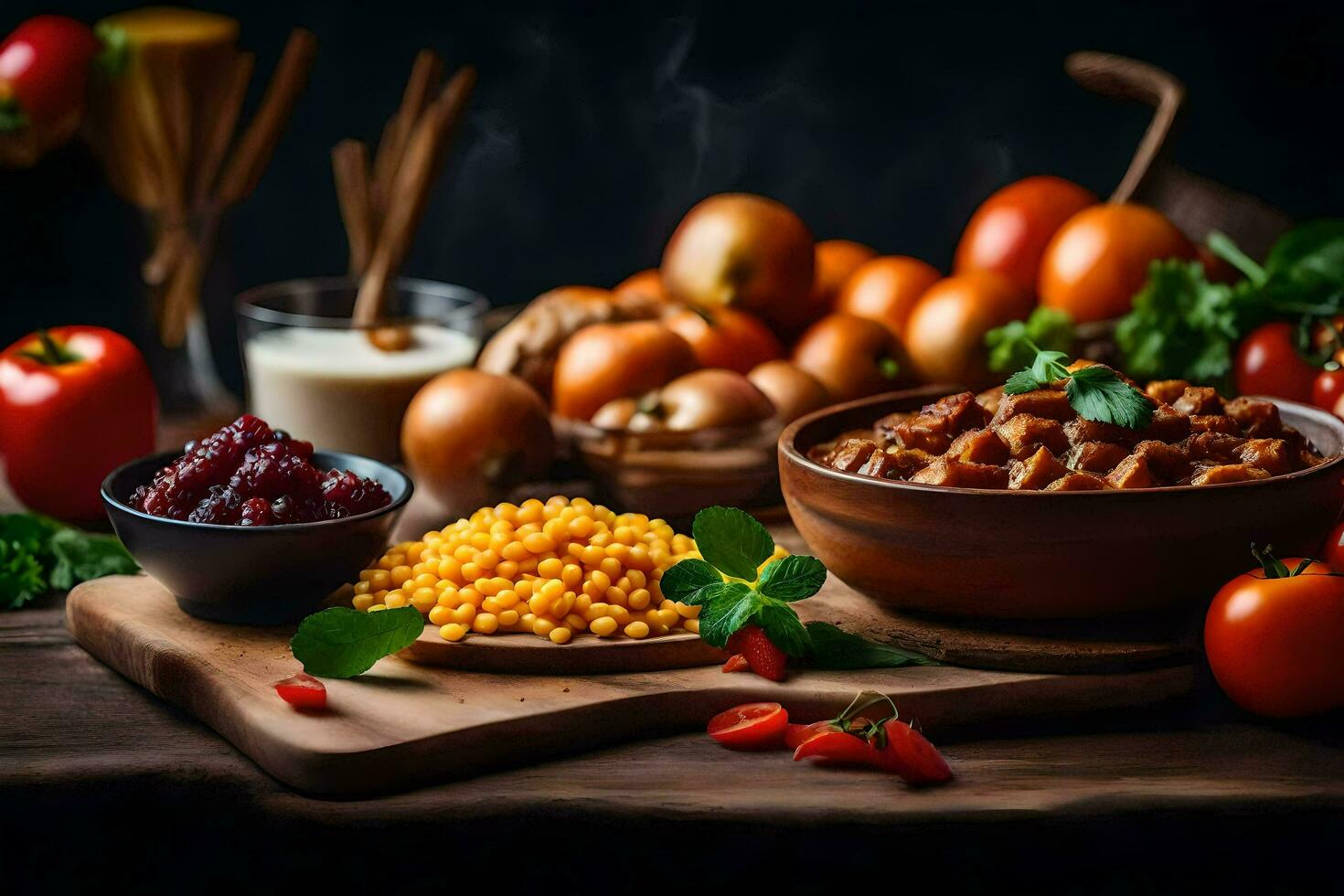 de voedsel is Aan een houten tafel met een houten achtergrond. ai-gegenereerd foto