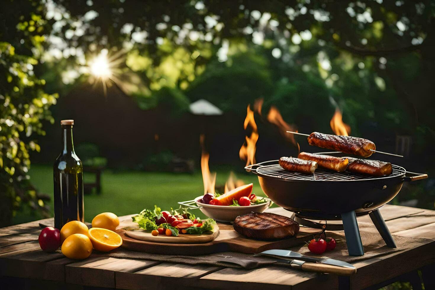 bbq Aan de patio. ai-gegenereerd foto