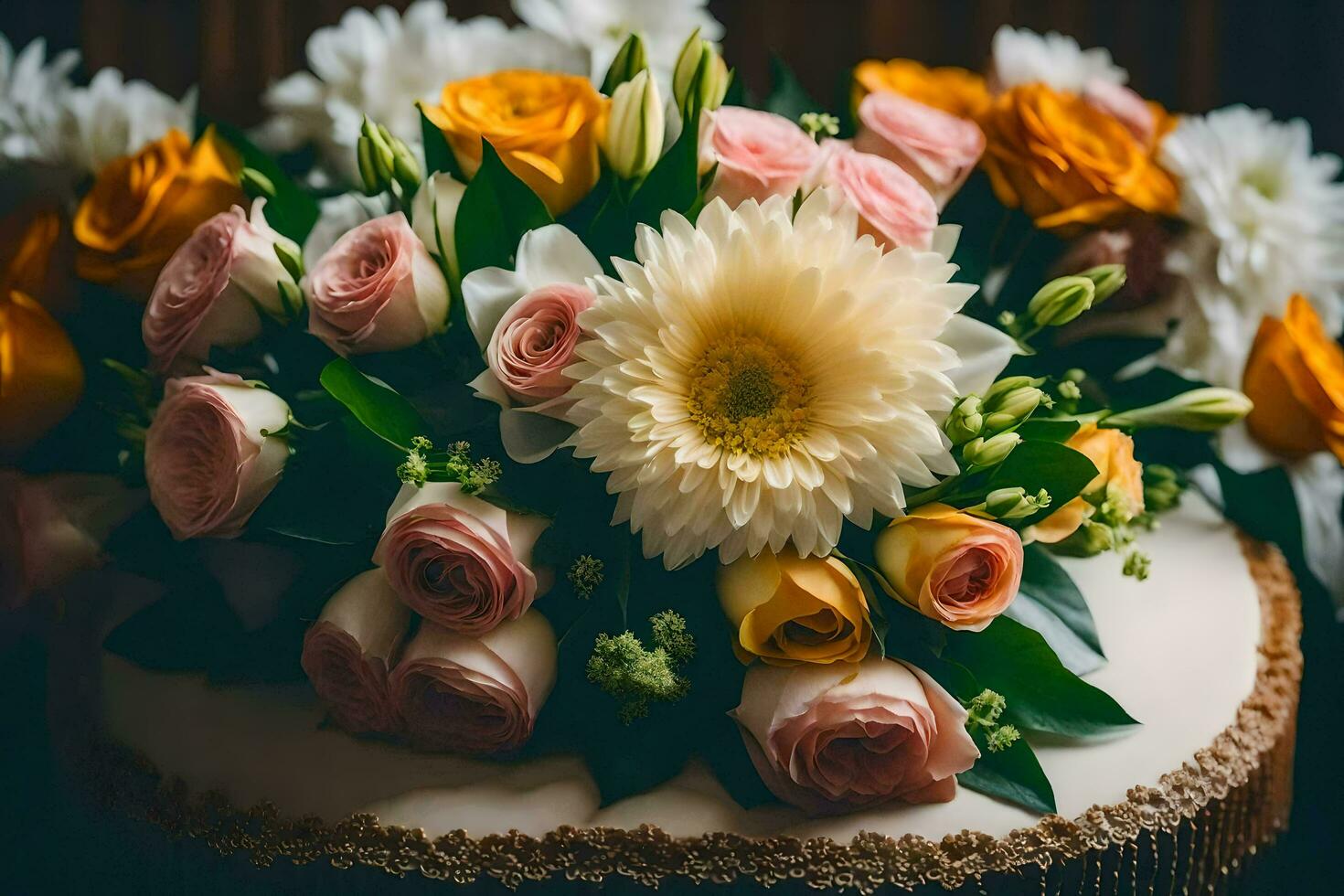 een bruiloft taart met bloemen Aan top. ai-gegenereerd foto