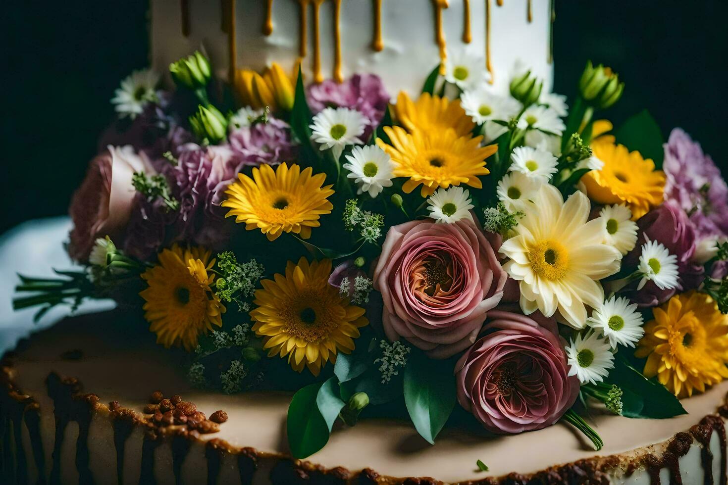 een bruiloft taart met bloemen en druppelt. ai-gegenereerd foto