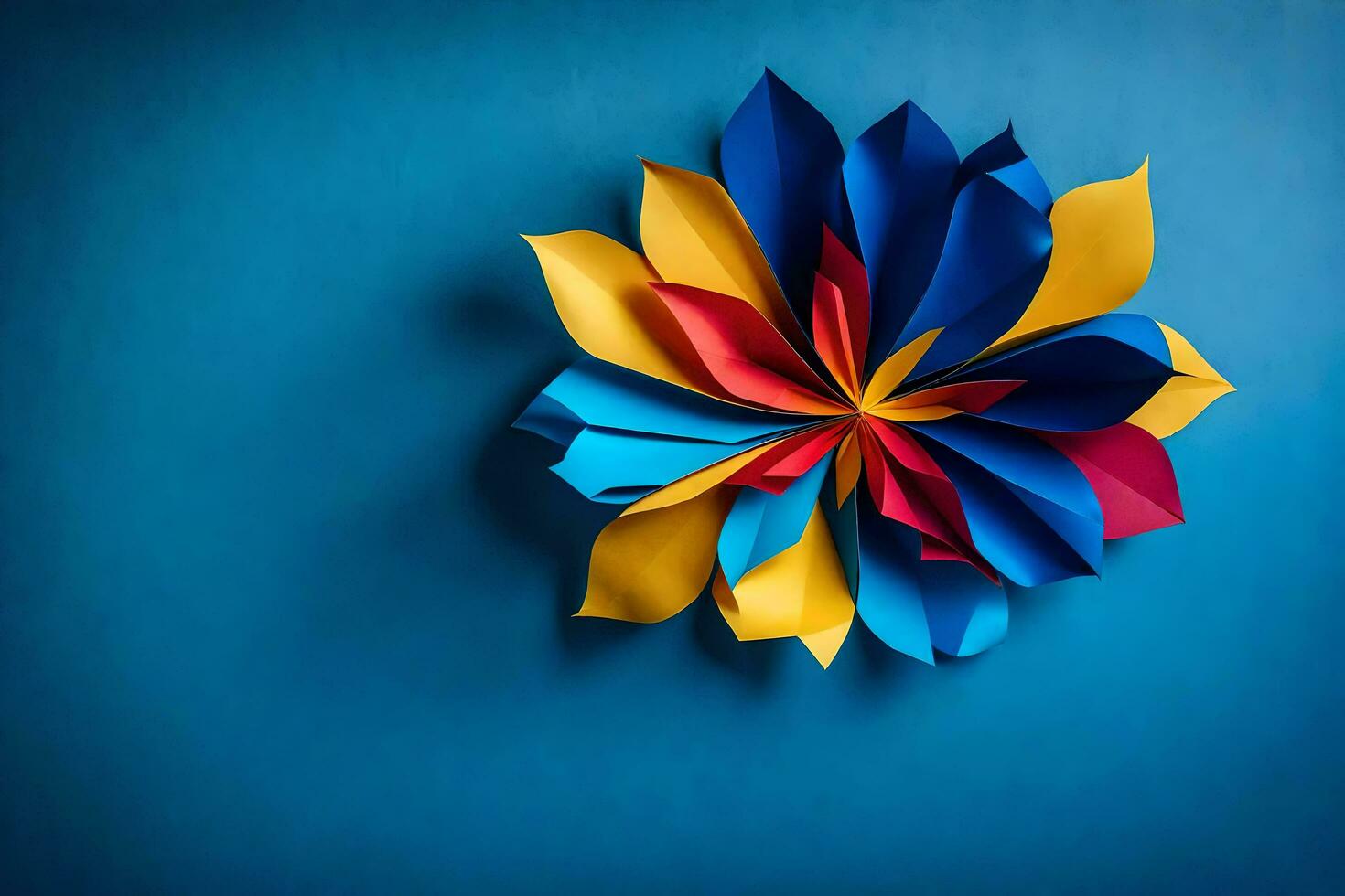 kleurrijk origami bloem Aan een blauw achtergrond. ai-gegenereerd foto