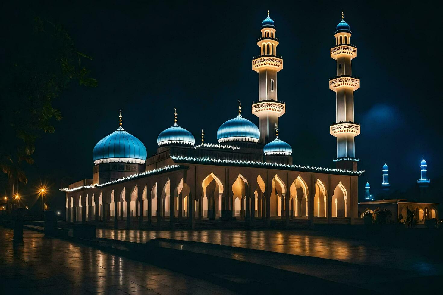 de moskee Bij nacht in de stad. ai-gegenereerd foto