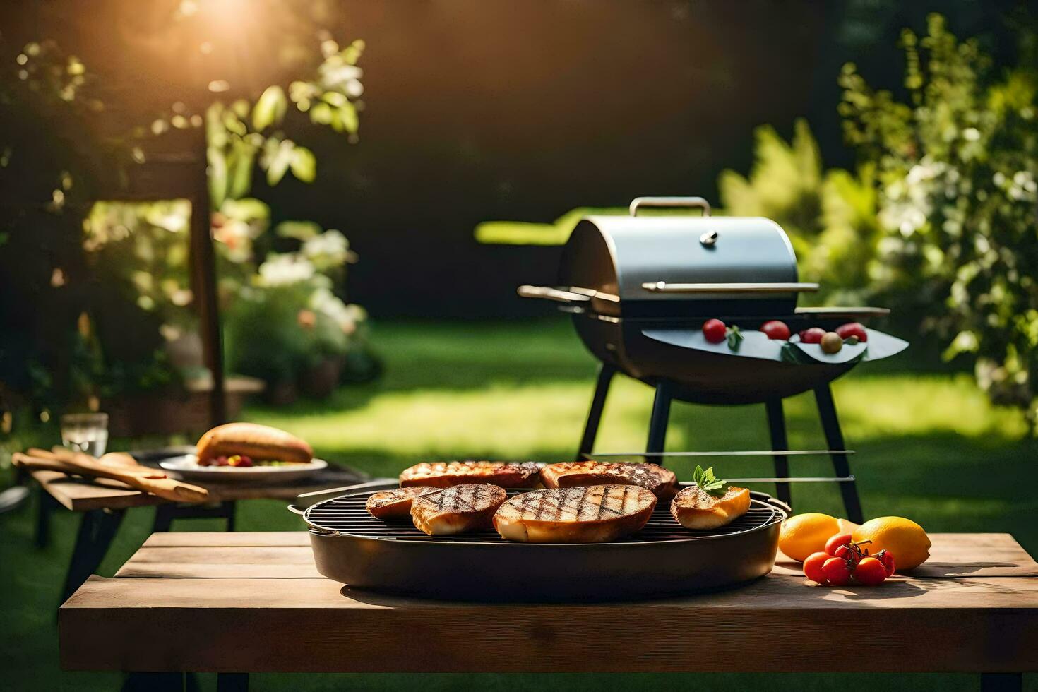 een rooster en rooster Aan een tafel in de achtertuin. ai-gegenereerd foto