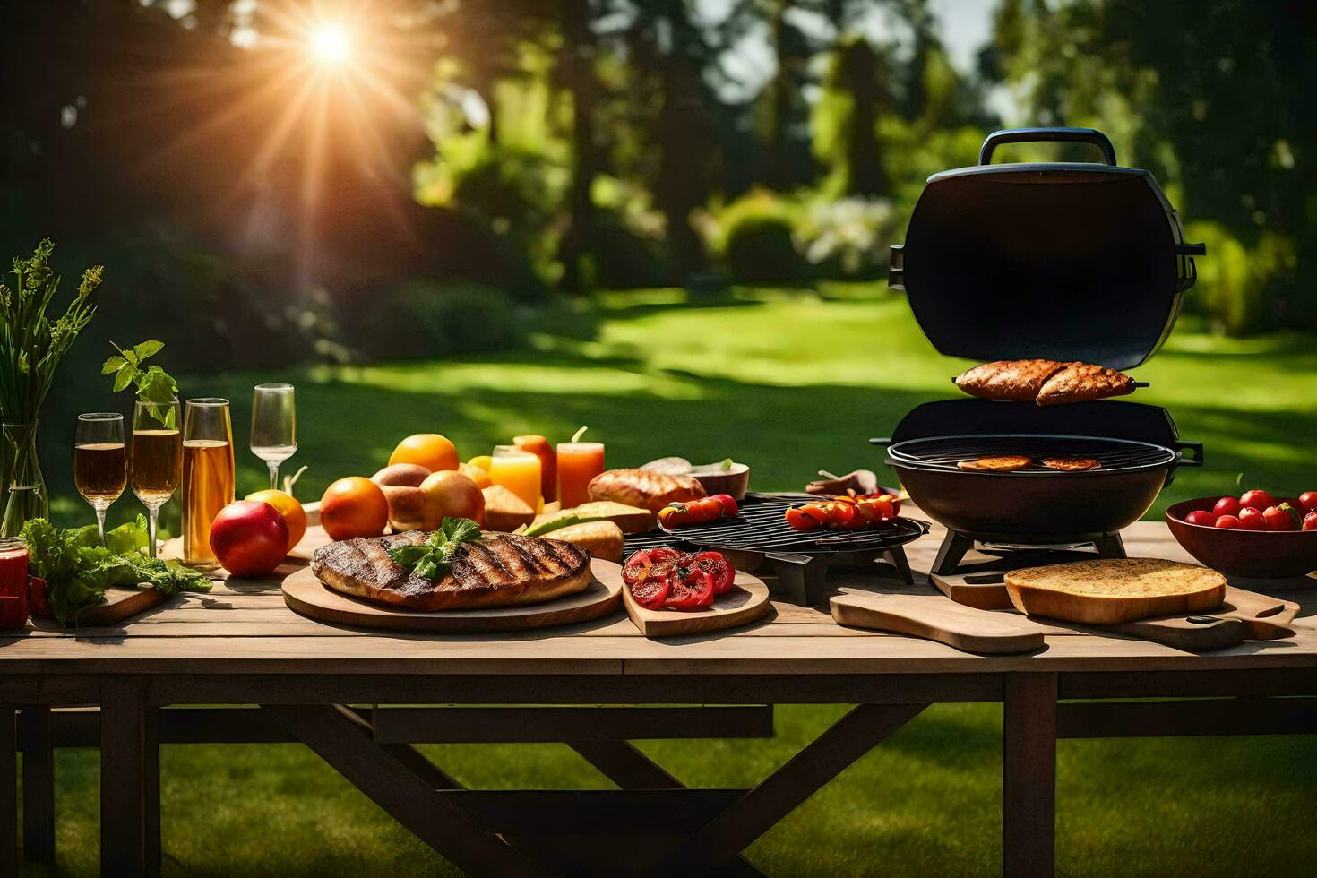 een barbecue is reeks omhoog Aan een tafel in de tuin. ai-gegenereerd foto