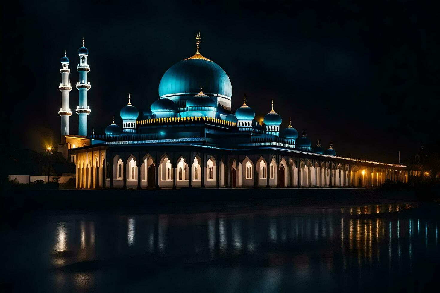 de moskee Bij nacht met blauw lichten. ai-gegenereerd foto