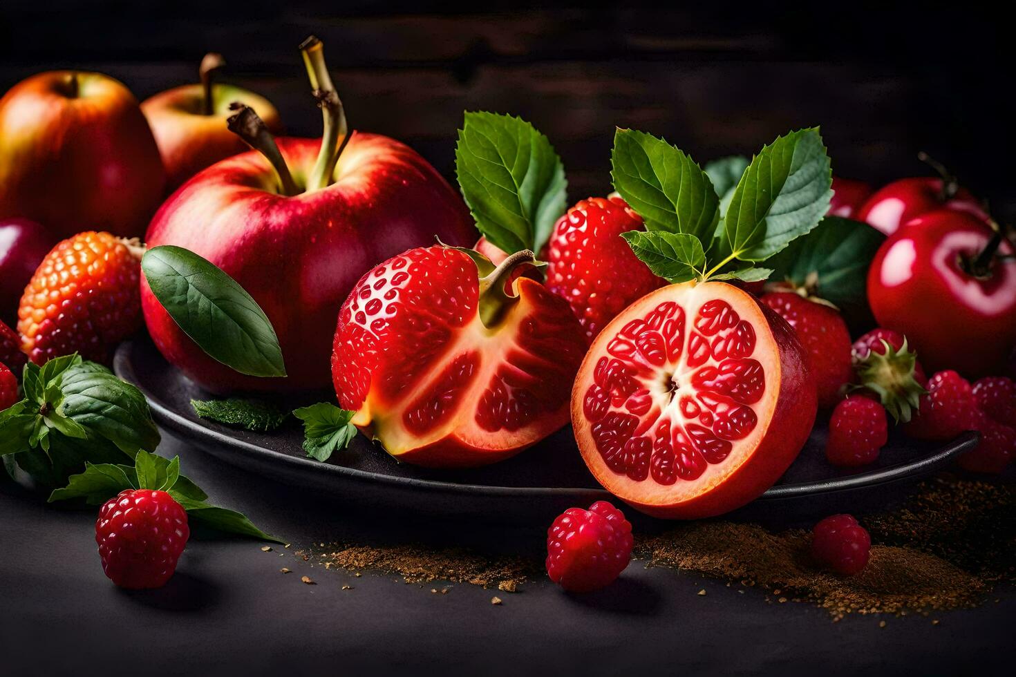 foto behang fruit, bessen, rood, aardbeien, appels, aardbeien, aardbeien, fruit, fruit. ai-gegenereerd