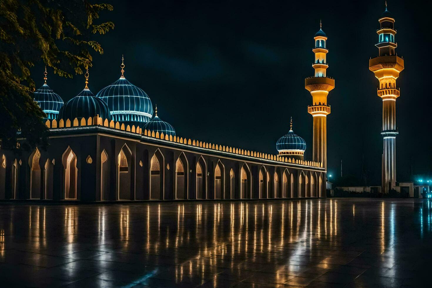 de moskee Bij nacht met haar lichten Aan. ai-gegenereerd foto