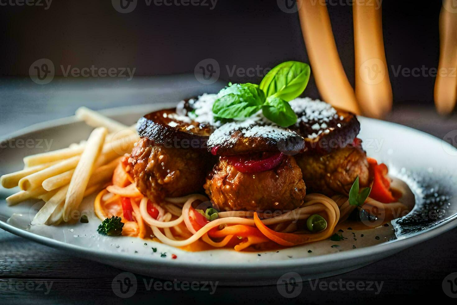 een bord van gehaktballen en spaghetti Aan een houten tafel. ai-gegenereerd foto