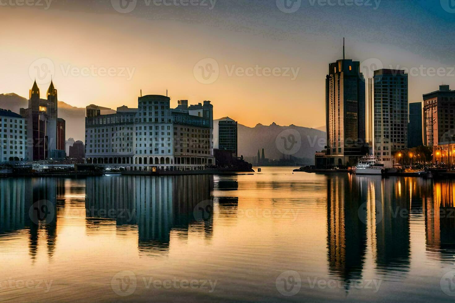 de stad horizon is weerspiegeld in de water Bij zonsondergang. ai-gegenereerd foto