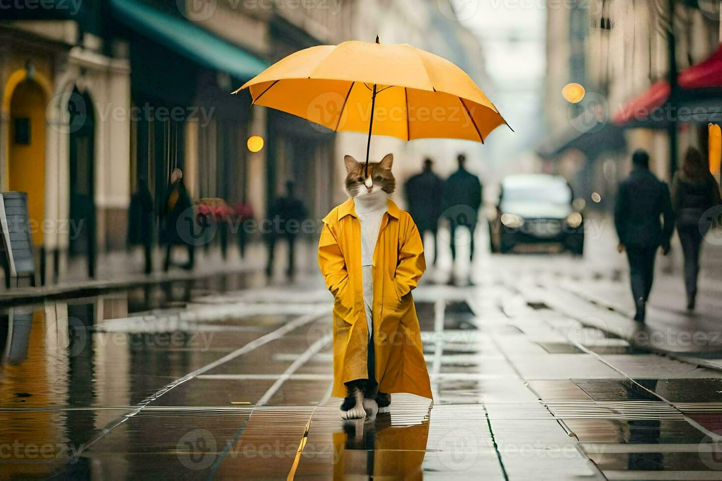 een kat in een geel regenjas staand Aan een nat straat. ai-gegenereerd foto
