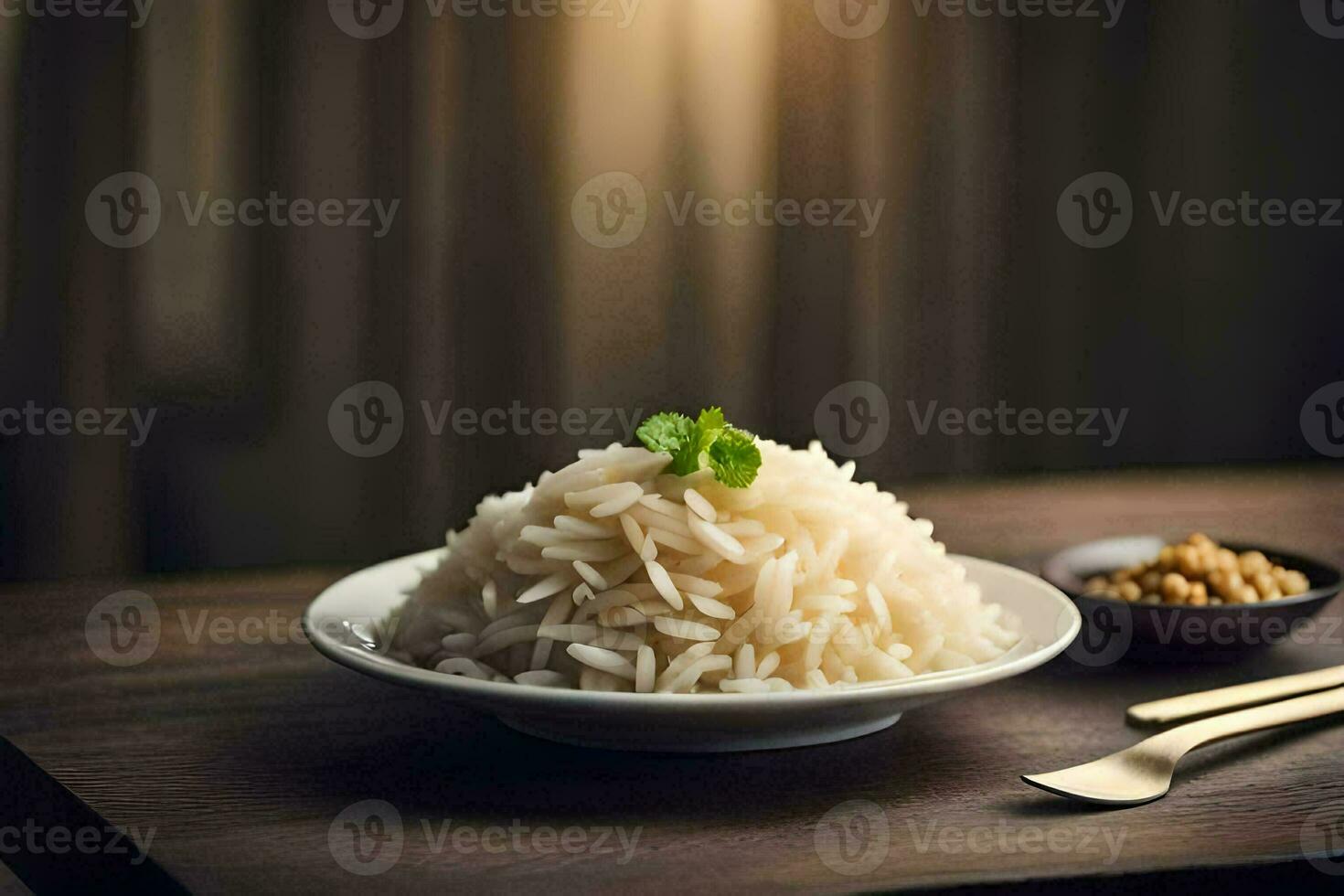 een kom van rijst- met een blad Aan top. ai-gegenereerd foto