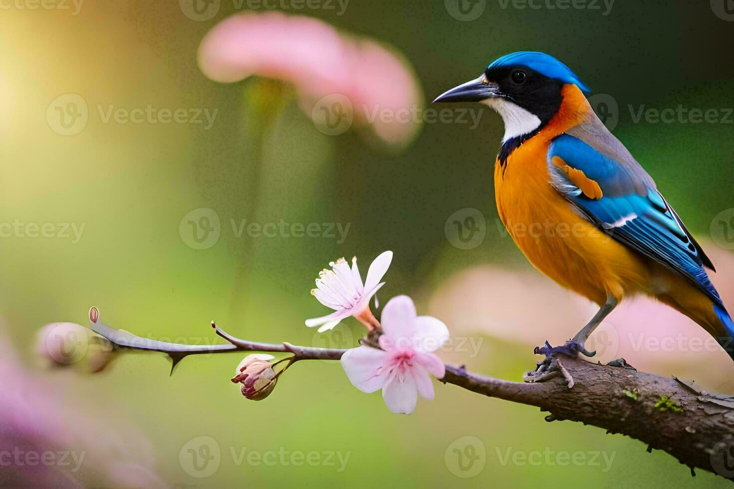 een kleurrijk vogel zit Aan een Afdeling met roze bloemen. ai-gegenereerd foto