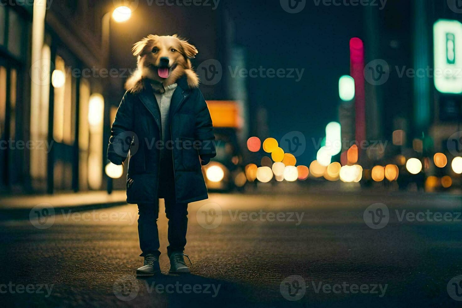 een hond vervelend een masker Aan de straat Bij nacht. ai-gegenereerd foto