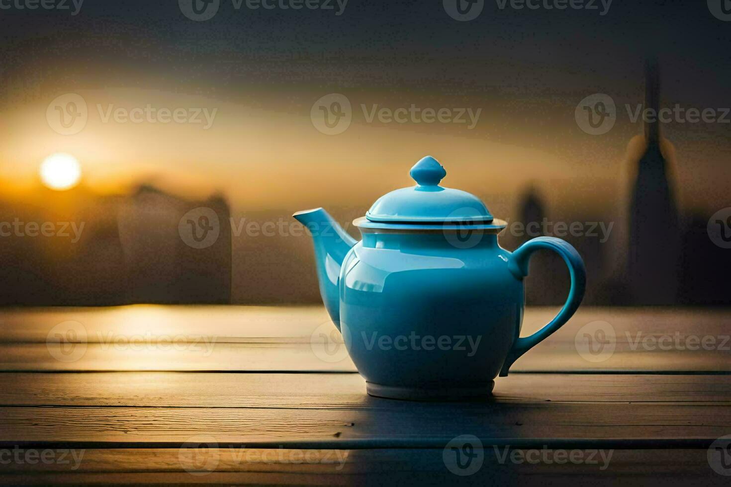 een blauw theepot zit Aan een houten tafel in voorkant van een stad horizon. ai-gegenereerd foto