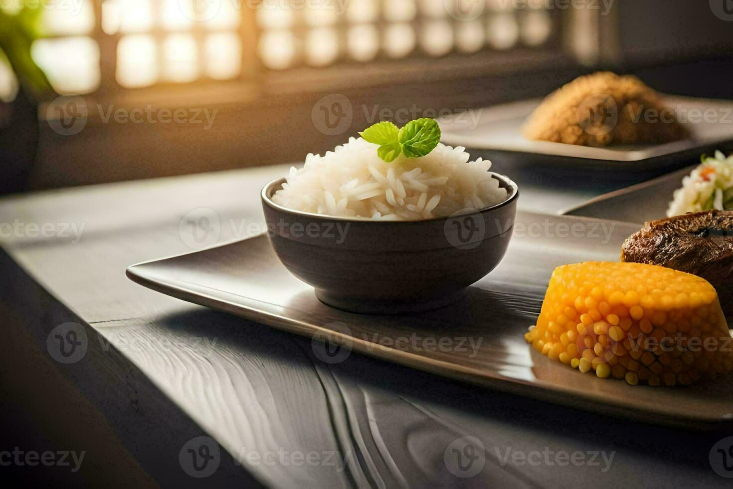 een bord met rijst, vlees en groenten Aan het. ai-gegenereerd foto