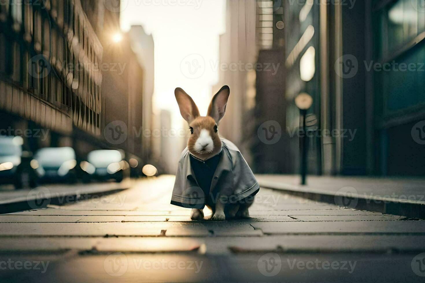 een konijn in een jas staand Aan een straat. ai-gegenereerd foto