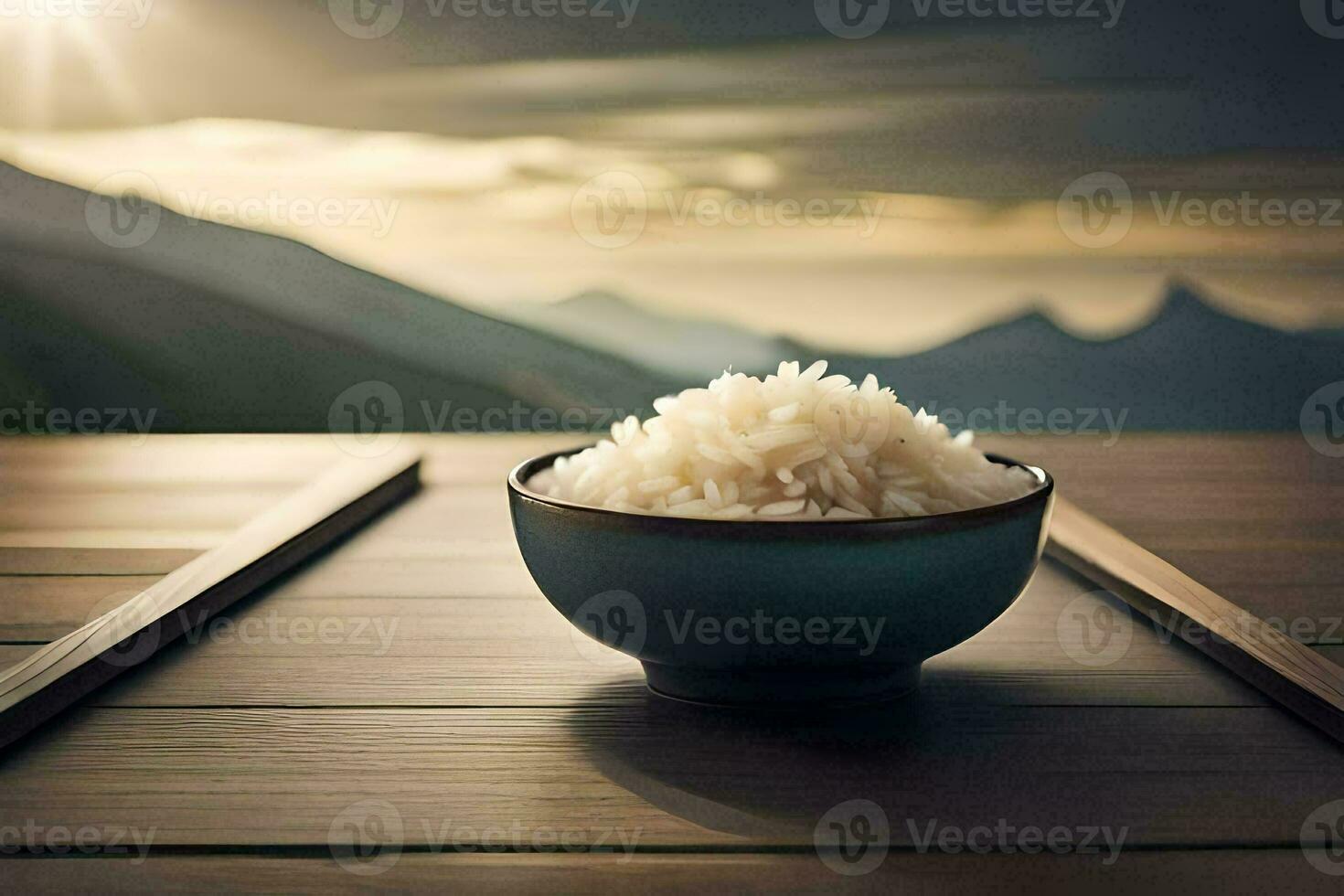 rijst- in een kom Aan een tafel met bergen in de achtergrond. ai-gegenereerd foto