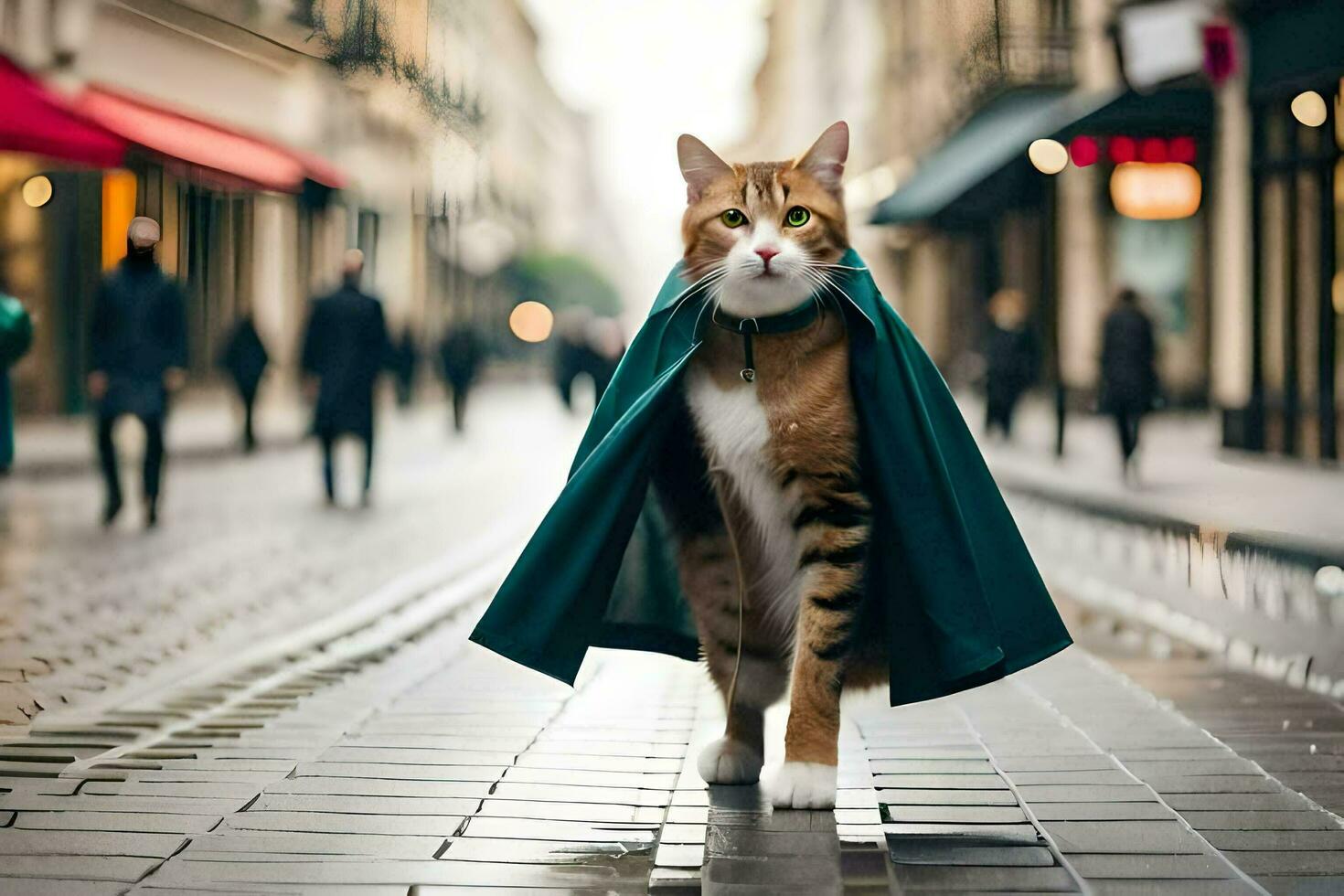 een kat vervelend een kaap wandelingen naar beneden een straat. ai-gegenereerd foto