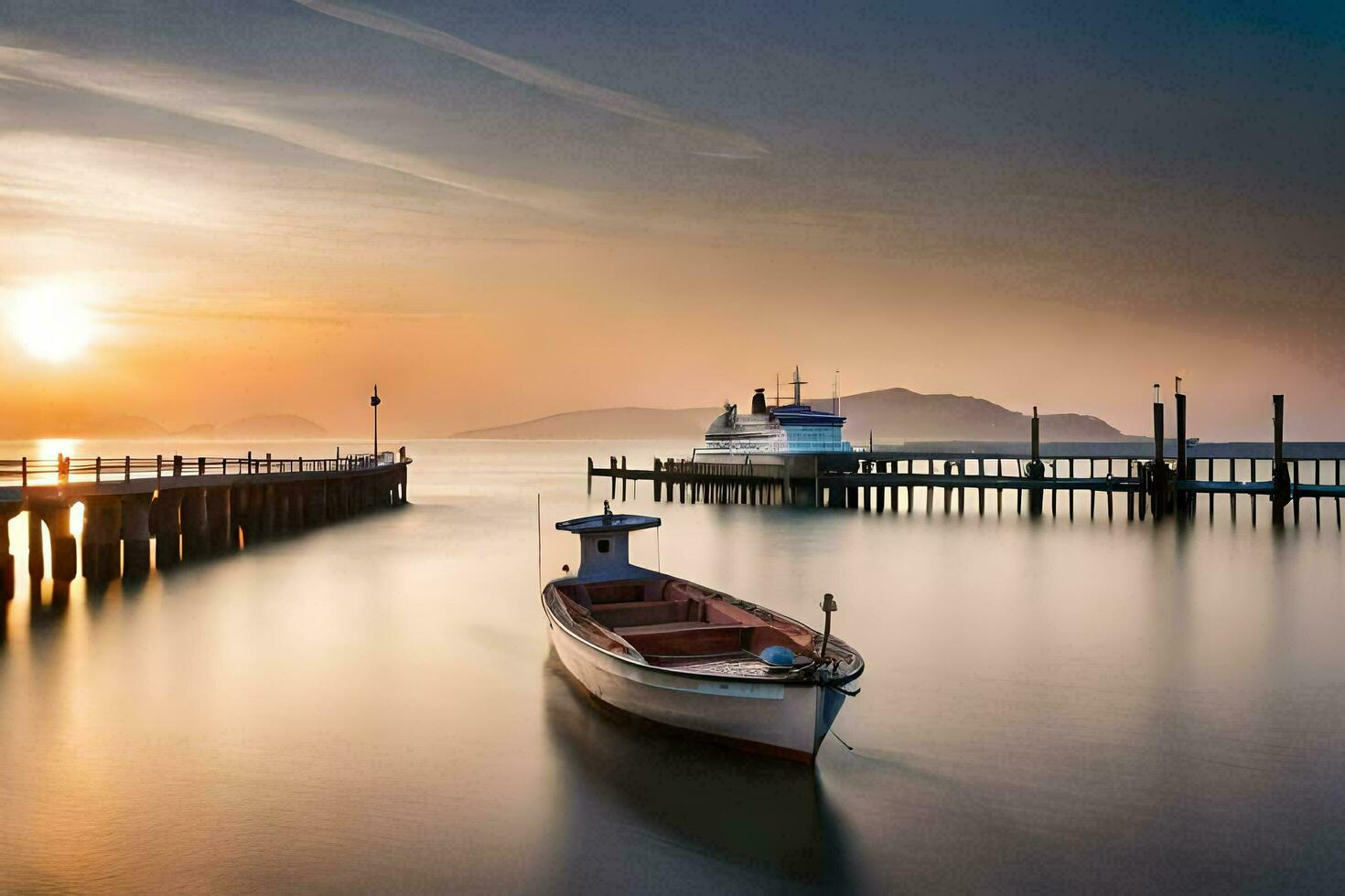 een boot is aangemeerd Bij de pier Bij zonsondergang. ai-gegenereerd foto