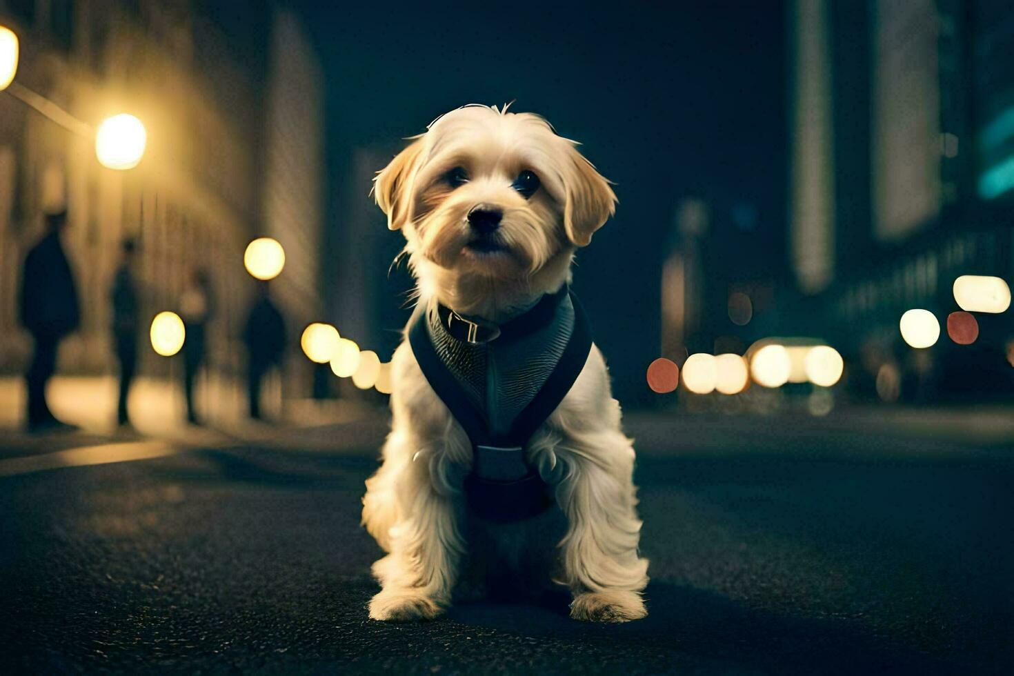 een hond vervelend een harnas in de midden- van een stad Bij nacht. ai-gegenereerd foto