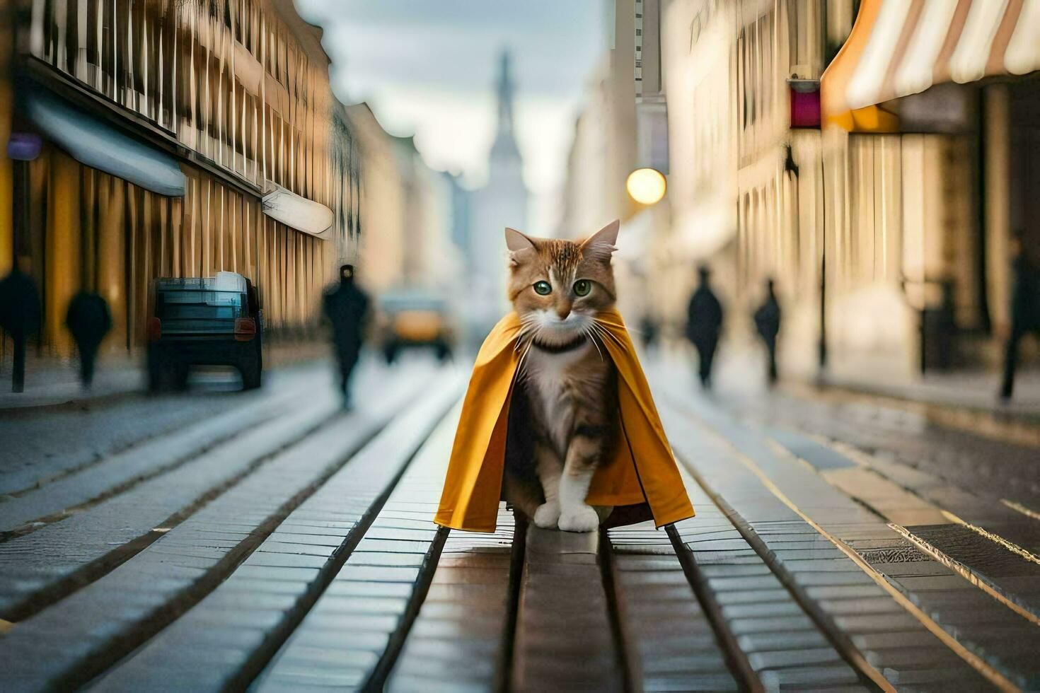 een kat vervelend een geel kaap wandelingen naar beneden een straat. ai-gegenereerd foto