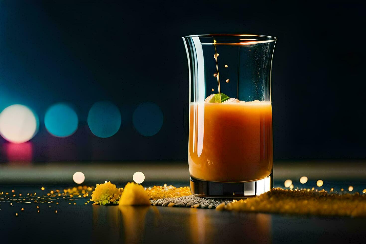 een glas van oranje sap met een plons van oranje sap. ai-gegenereerd foto