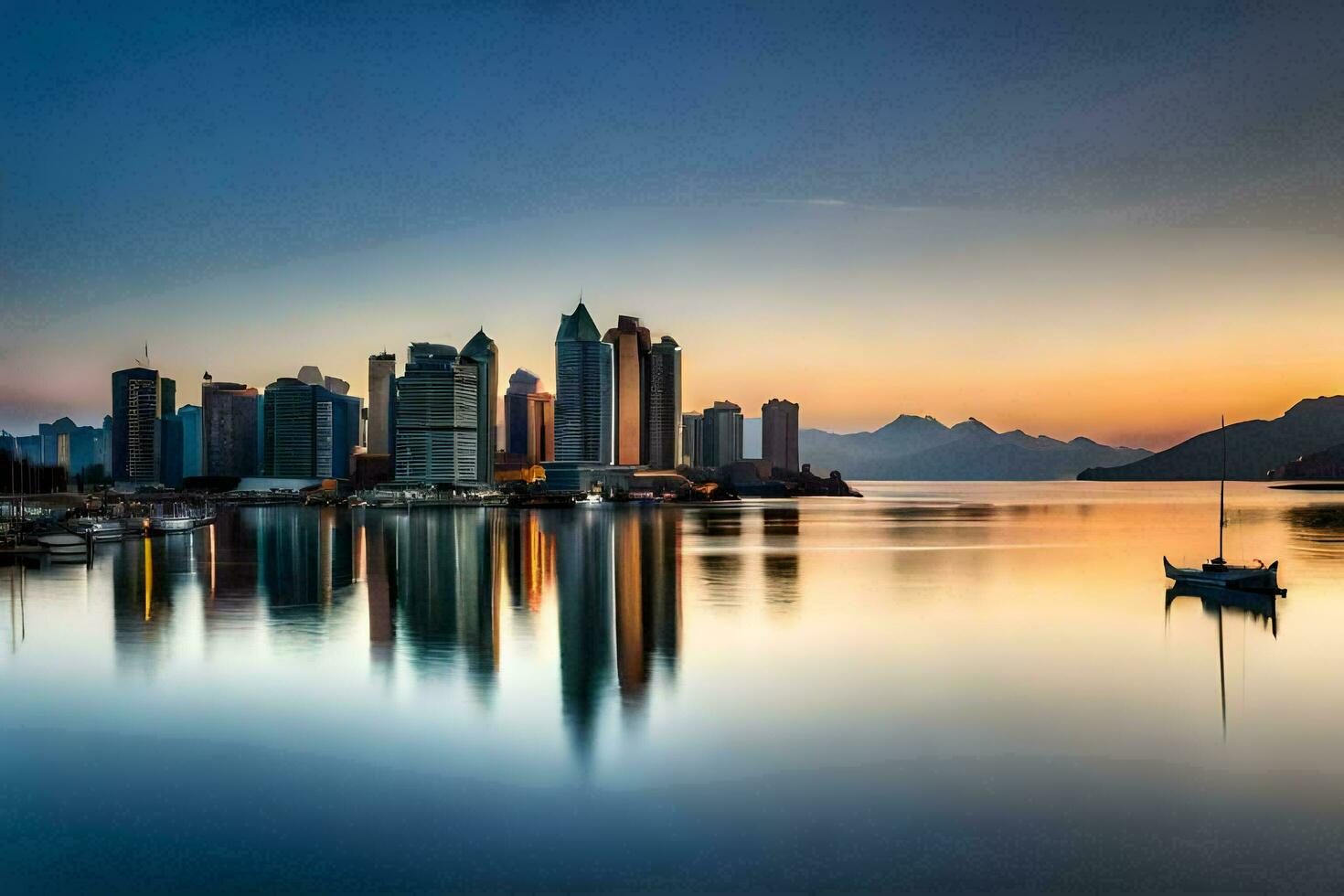 de stad horizon is weerspiegeld in de water Bij zonsondergang. ai-gegenereerd foto