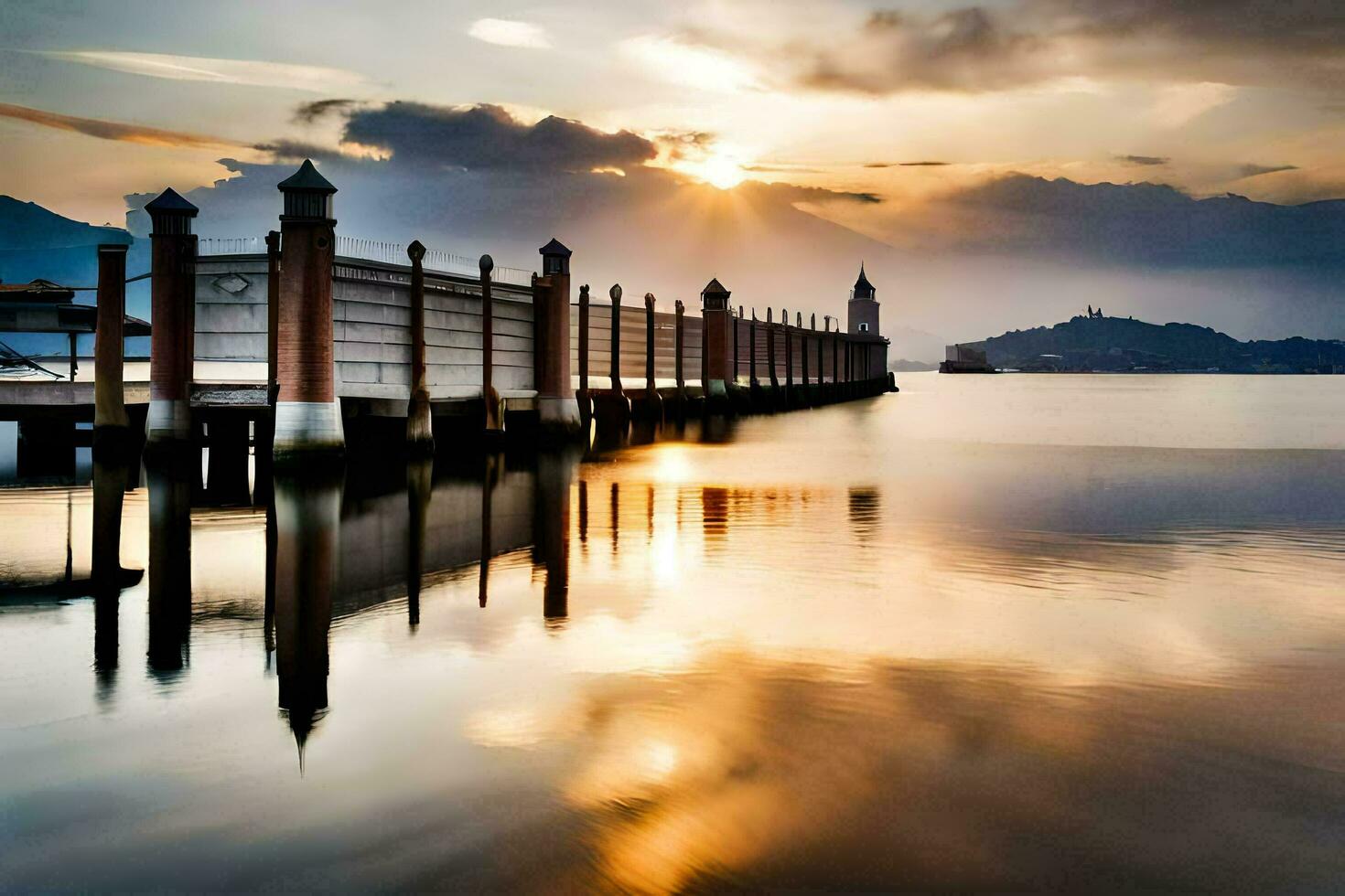 een pier met een klok toren in de water Bij zonsondergang. ai-gegenereerd foto