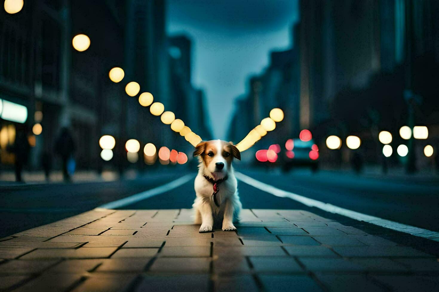 een hond staand Aan een straat Bij nacht. ai-gegenereerd foto