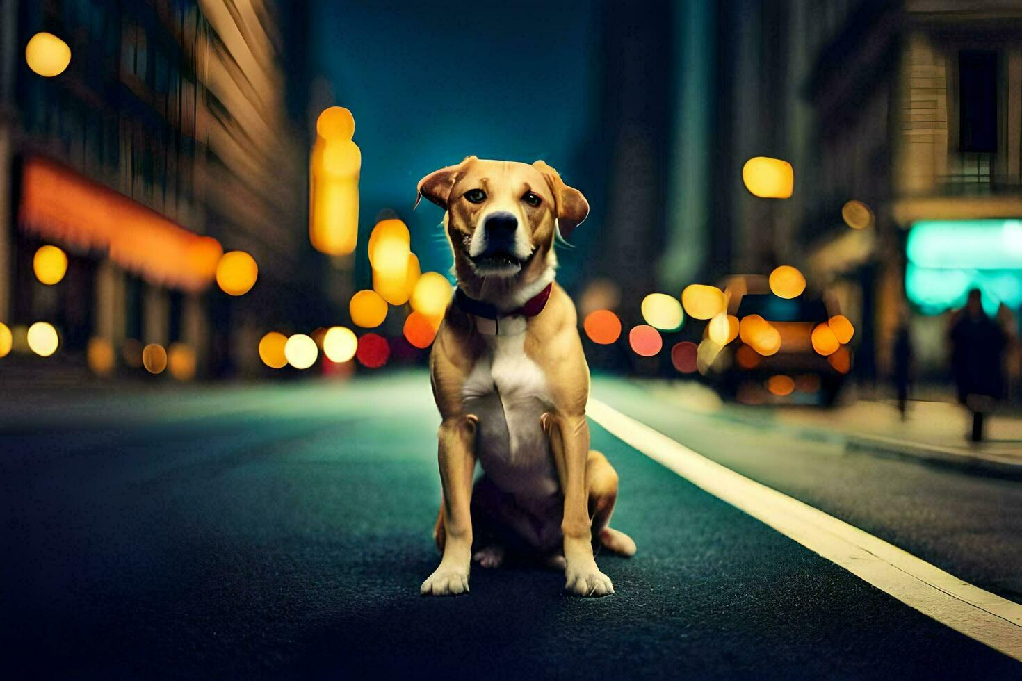 een hond zittend Aan de straat Bij nacht. ai-gegenereerd foto