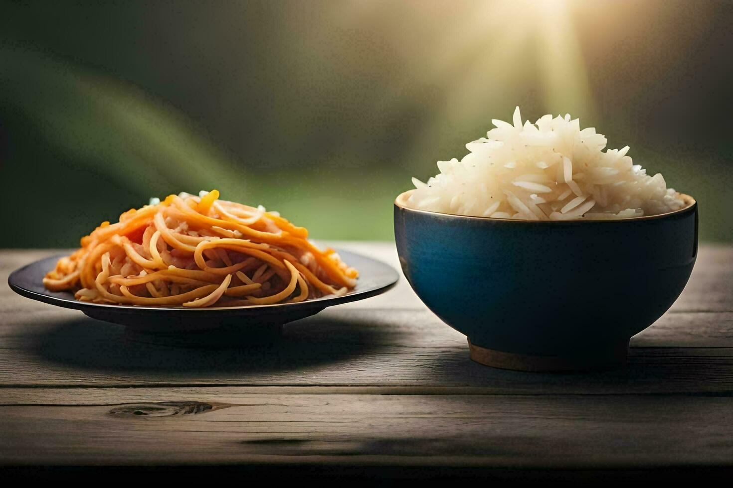 een kom van pasta en een kom van rijst. ai-gegenereerd foto