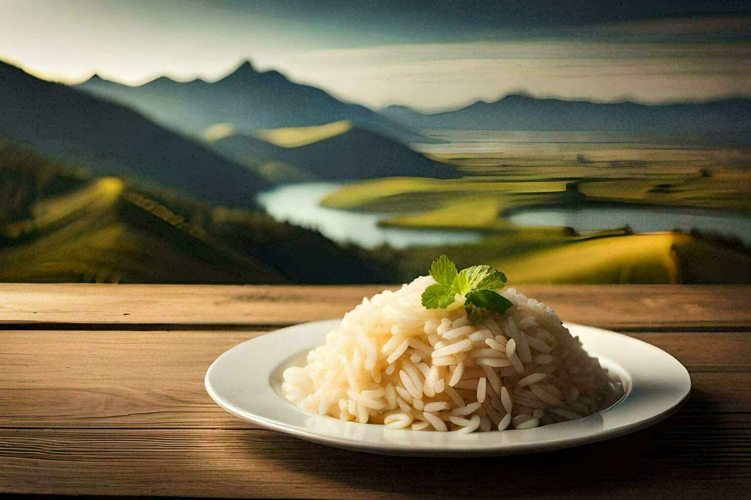 een bord van rijst- met een visie van bergen. ai-gegenereerd foto