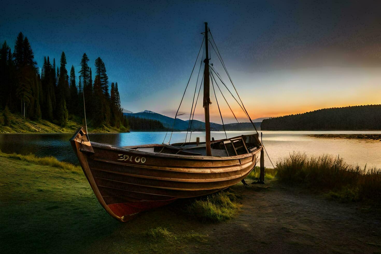 een boot zit Aan de kust van een meer Bij zonsondergang. ai-gegenereerd foto