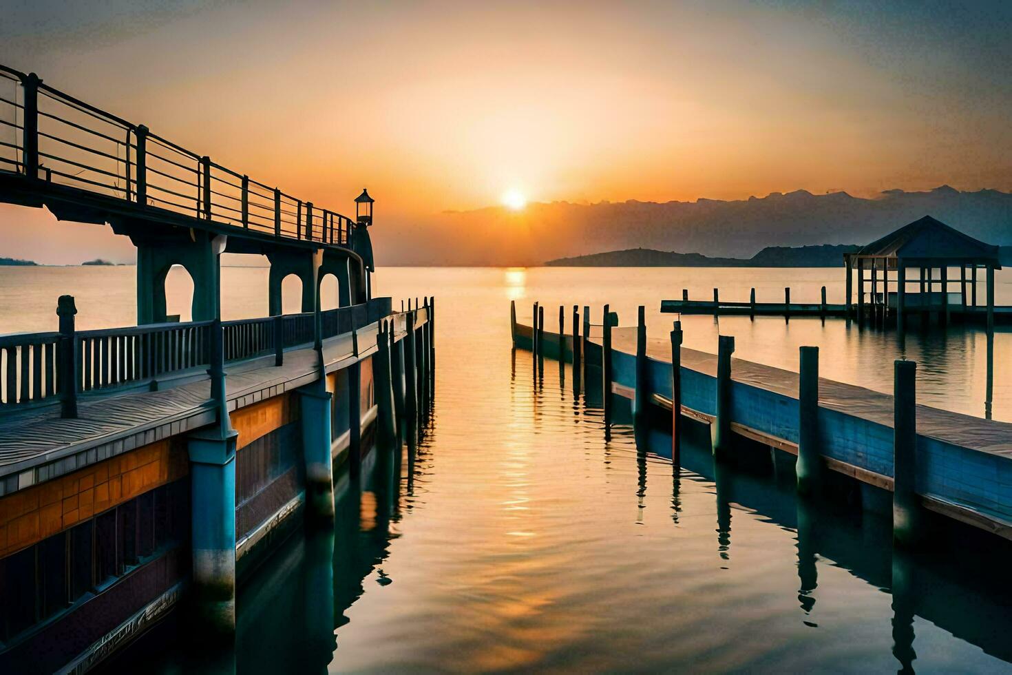 een pier Bij zonsondergang met een dok en een boot. ai-gegenereerd foto