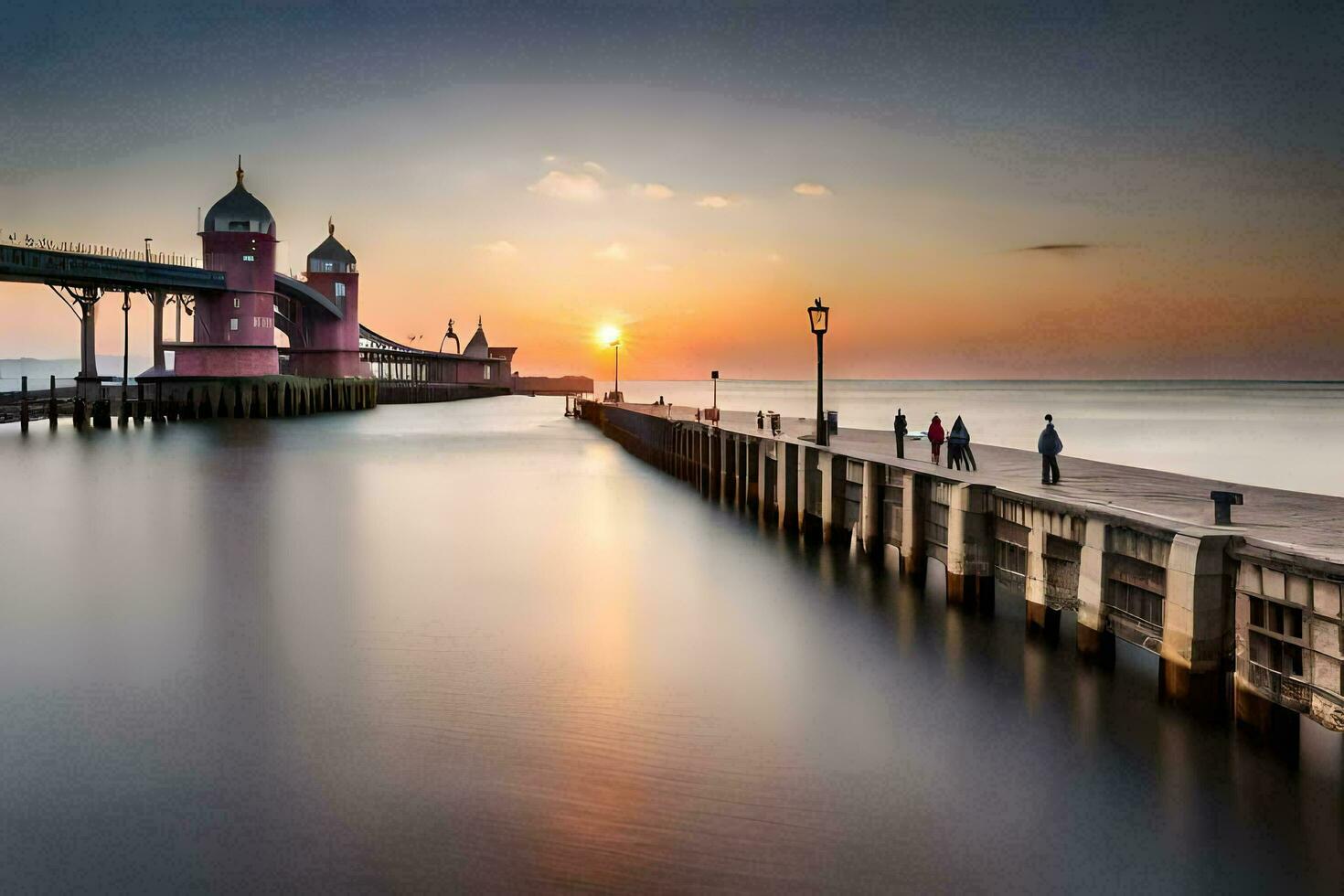 de zon sets over- een pier en een vuurtoren. ai-gegenereerd foto