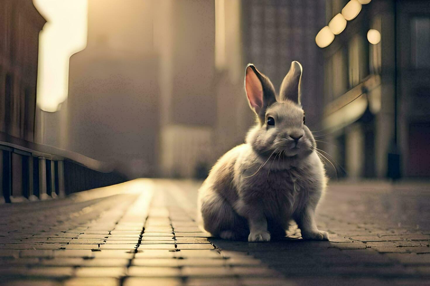 een konijn is zittend Aan de grond in een stad. ai-gegenereerd foto