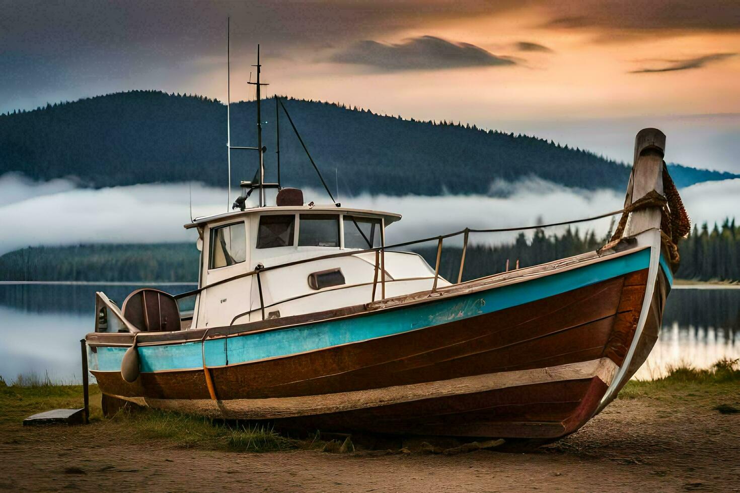 een boot zit Aan de kust van een meer. ai-gegenereerd foto