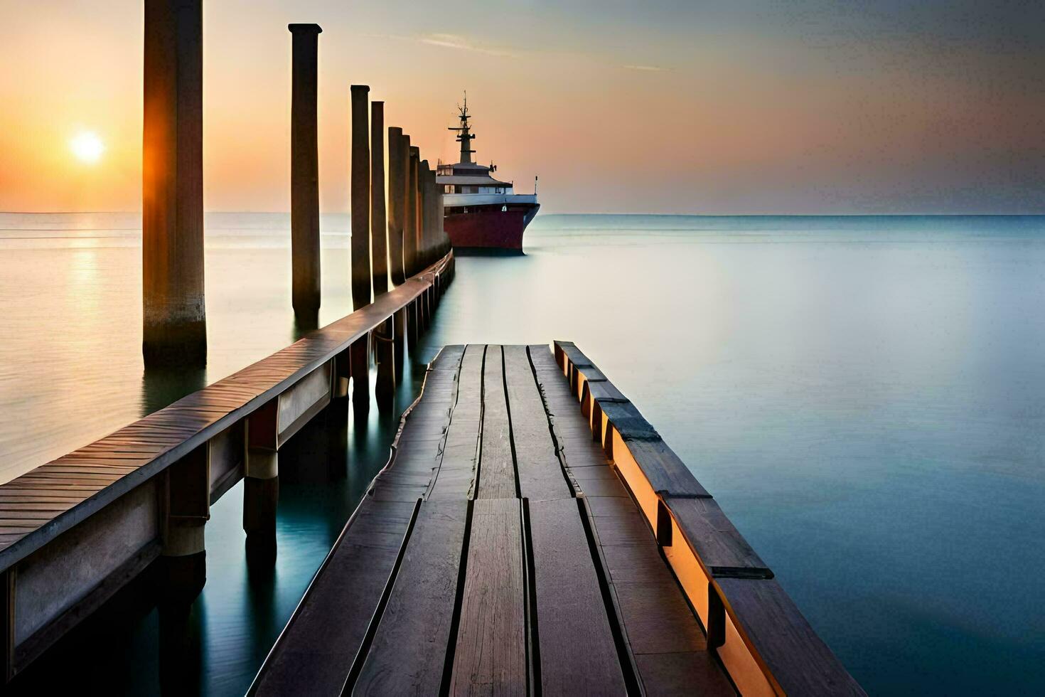 een boot aangemeerd Bij de einde van een pier Bij zonsondergang. ai-gegenereerd foto