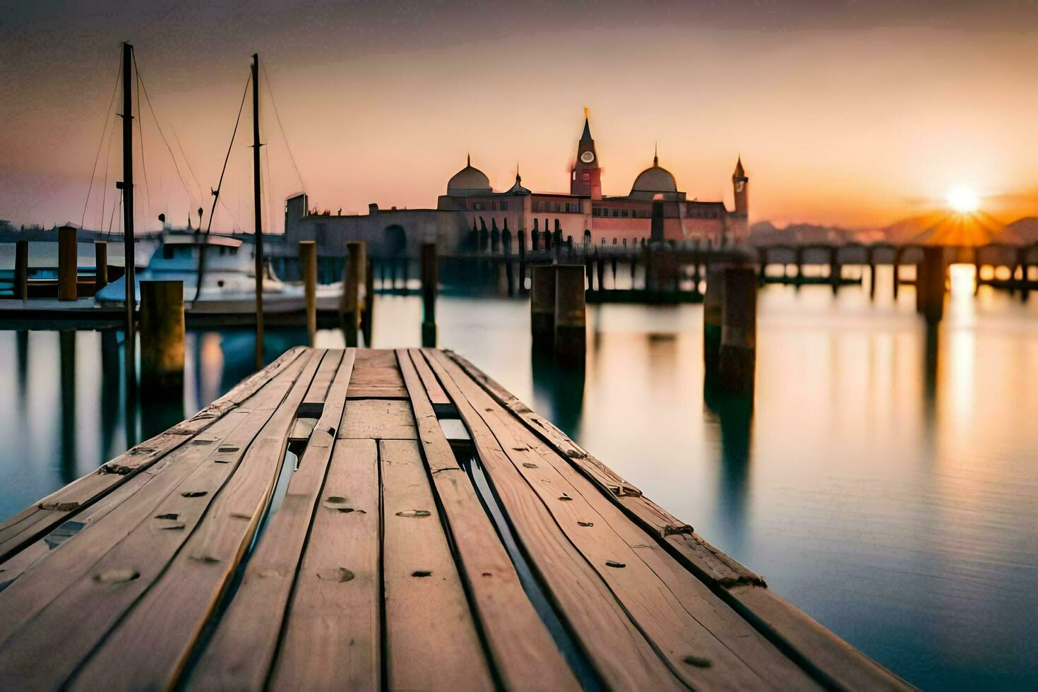 de zon stijgt over- de water en een dok in Venetië. ai-gegenereerd foto