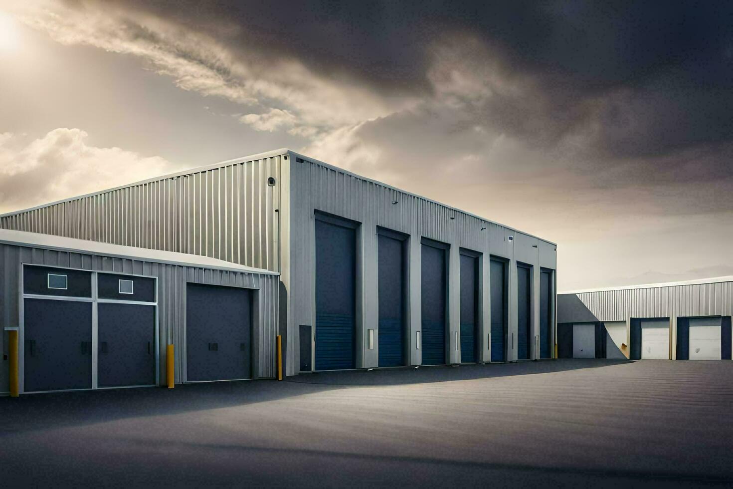 een groot industrieel gebouw met twee garage deuren. ai-gegenereerd foto