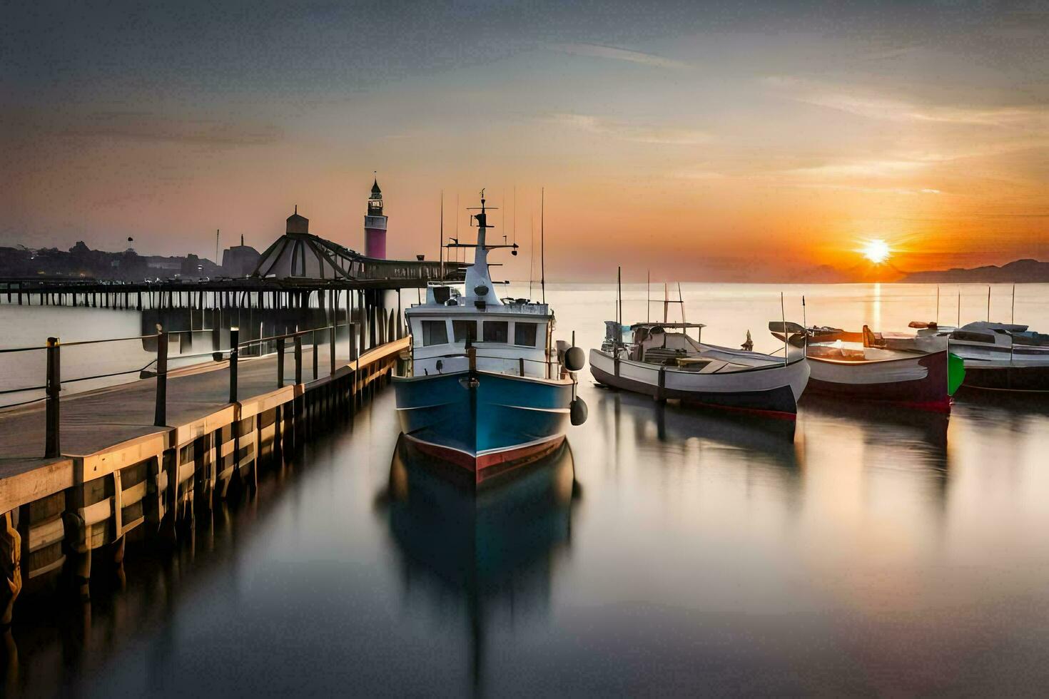 boten aangemeerd Bij de pier Bij zonsondergang. ai-gegenereerd foto