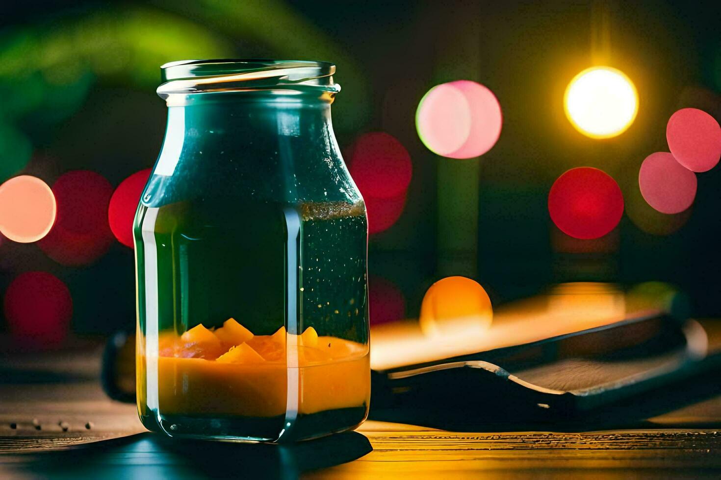 een glas fles met oranje sap zittend Aan een tafel. ai-gegenereerd foto