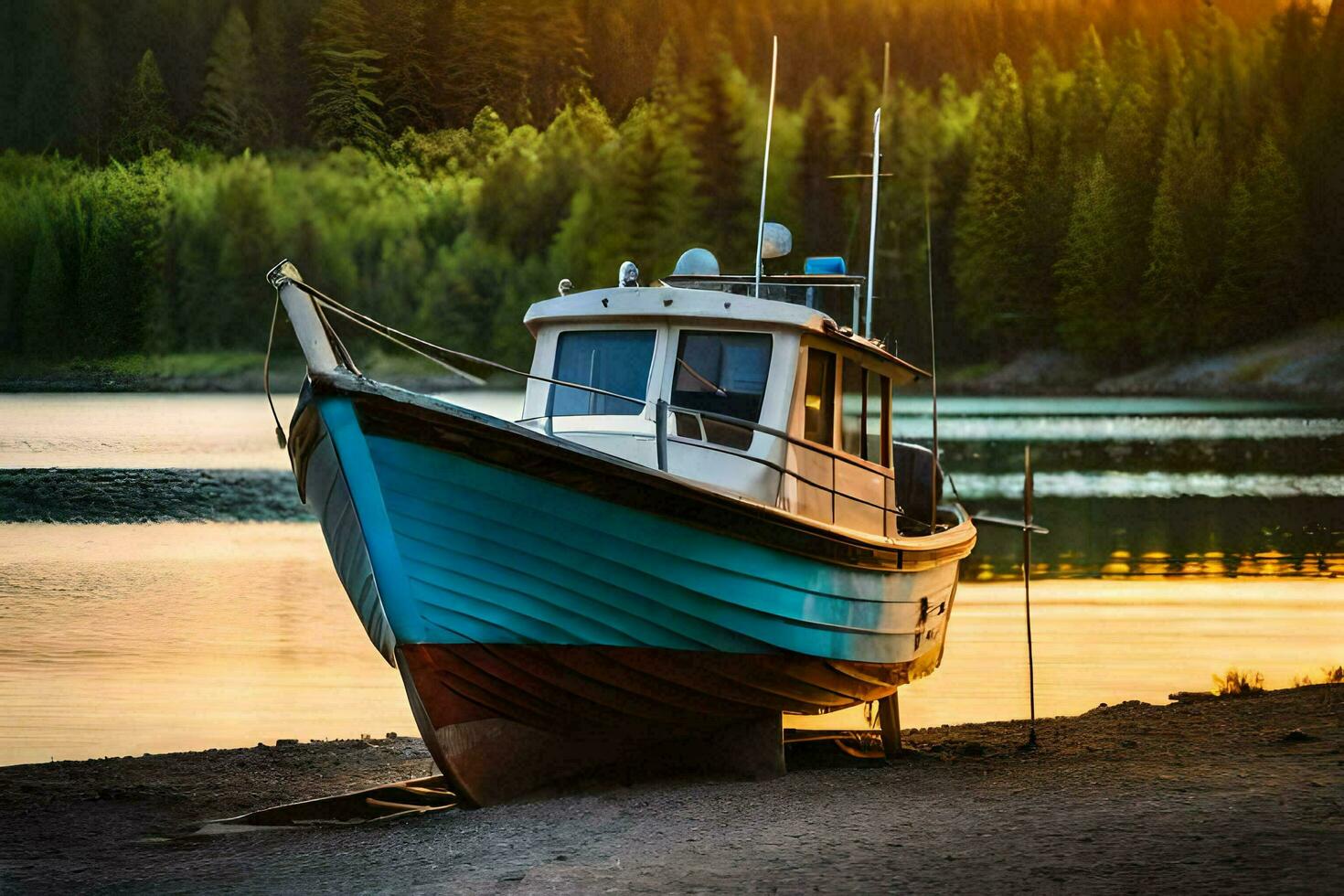 een boot zit Aan de kust van een meer Bij zonsondergang. ai-gegenereerd foto