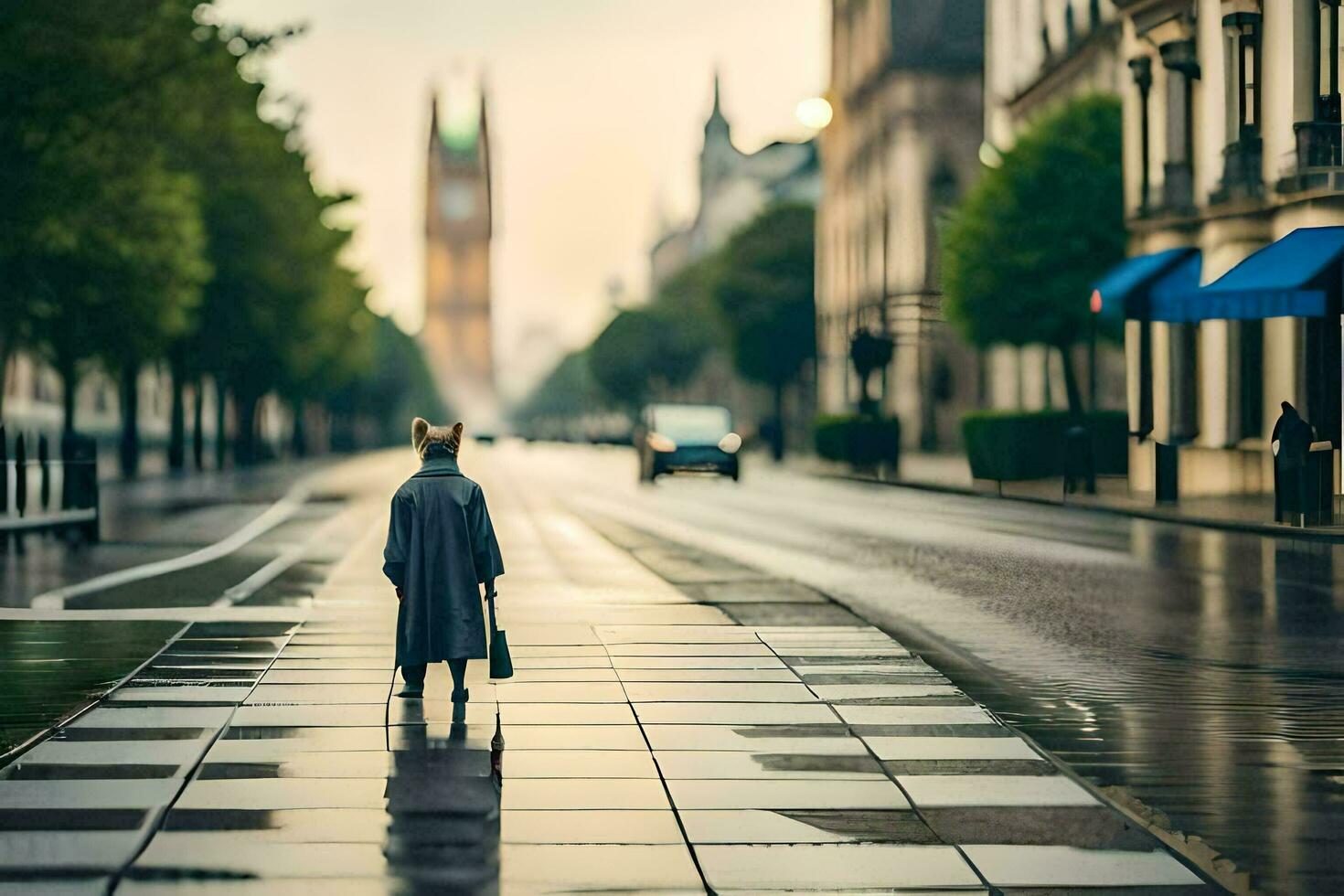 een Mens wandelen naar beneden een nat straat in Londen. ai-gegenereerd foto