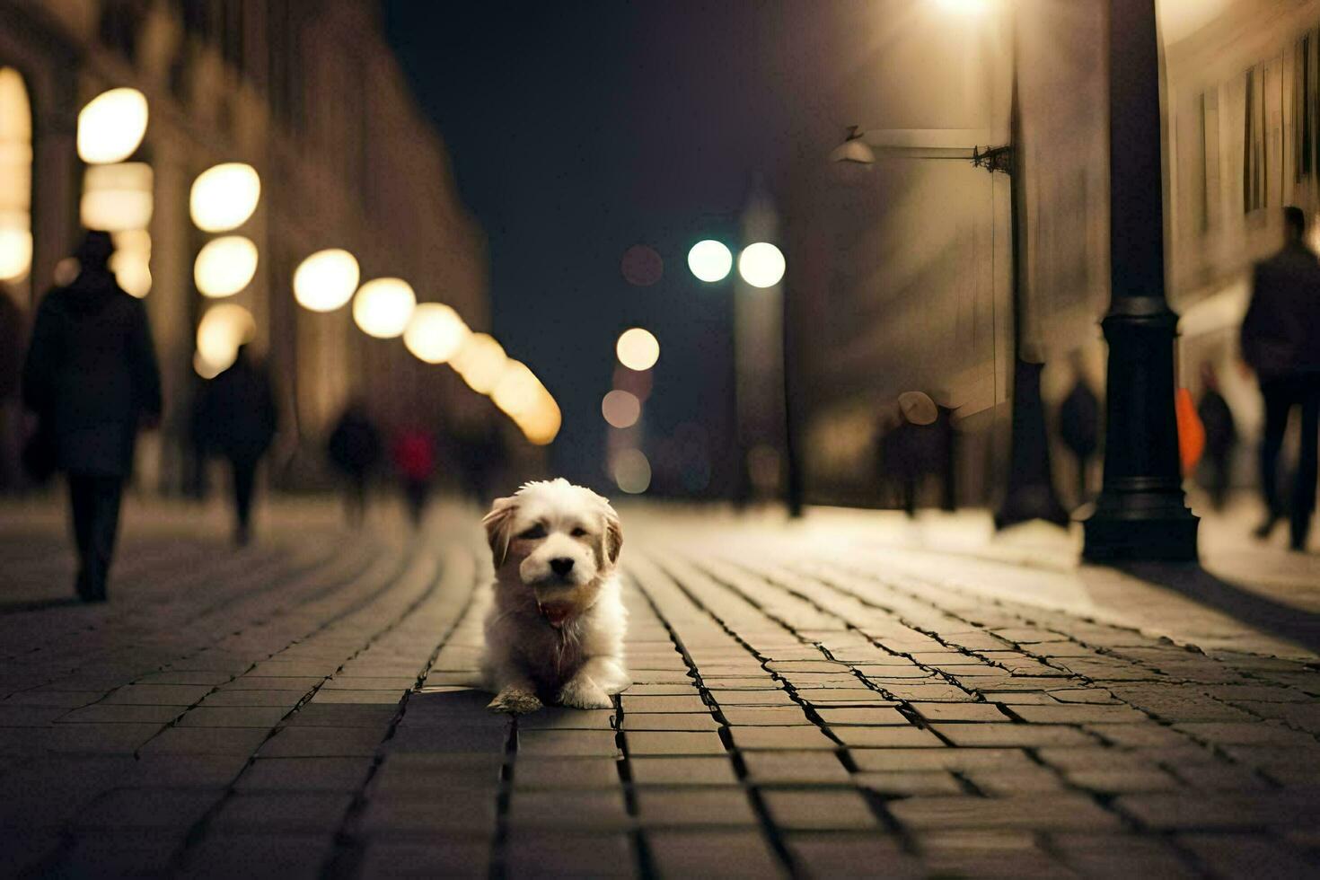 een hond is zittend Aan de grond in een stad Bij nacht. ai-gegenereerd foto